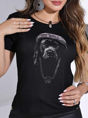 T-SHIRT FEMININA PRETA COM ESTAMPA PIT BULL EXCLUSIVA