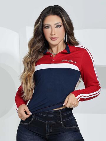 POLO FEMININA MANGA LONGA LISTRADA COM ESTILO E MODERNIDADE CASUAL COLEÇÃO CELEBRATION