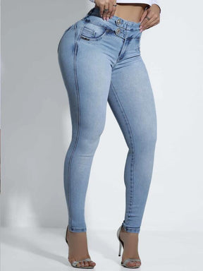 CALÇA FEMININA JEANS CLARINHO MODELADORA COM DETALHES ESPECIAIS