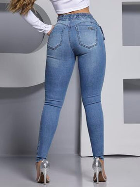 CALÇA JOGGER JEANS FEMININA CARGO COM STRASS E ELÁSTICO ESTILO CELEBRATION