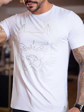 CAMISETA MASCULINA ESTAMPA PIT BULL OUSADIA GOLA O E MODERNA