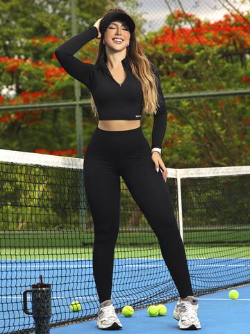 CONJUNTO FITNESS LEGGING E CROPPED DE MANGA LONGA COM ZÍPER ESTILOSO