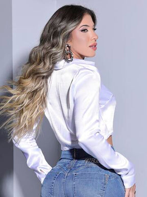 CAMISA CROPPED FEMININA PIT BULL JEANS MANGA LONGA FASHION COM LUXO