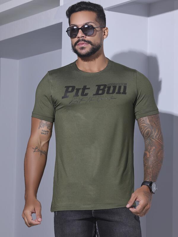 CAMISETA MASCULINA VERDE ESCURO PIT BULL JEANS CONFORTÁVEL